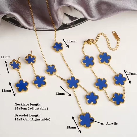 Alhambra Luck Four Clover Gold Blue Flower Stainless Steel Drop Earrings - Picture 5 of 6